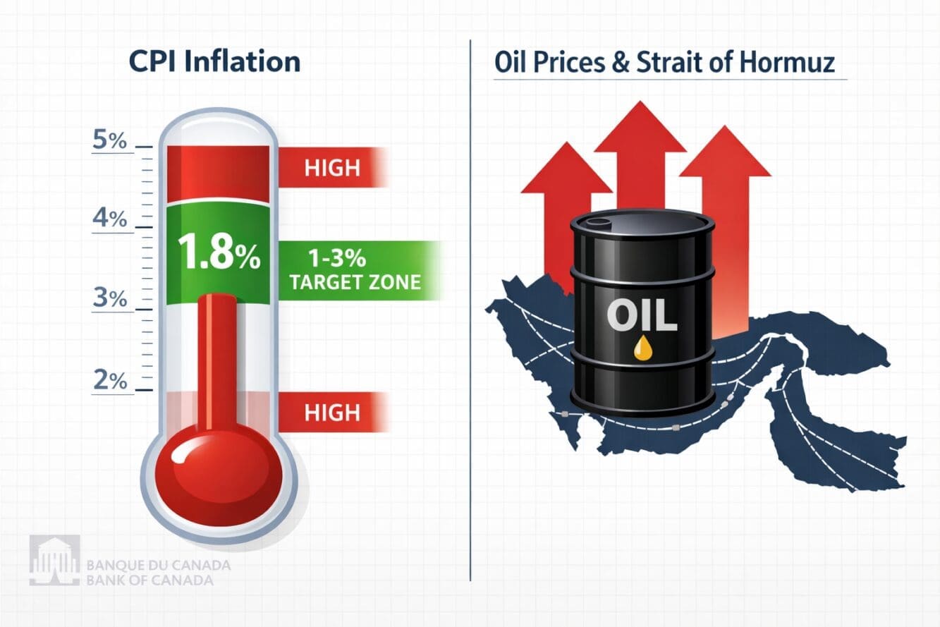 () editorial infographic-style image showing a split-screen composition: left side displays a large thermometer-style gauge