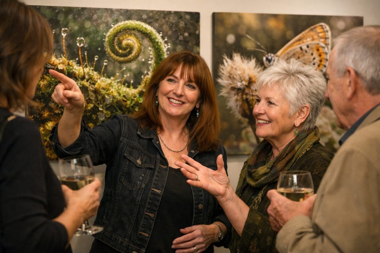 () editorial image showing close-up intimate scene of two female artists Bonnie Hastings and Wanda Haayen engaged in
