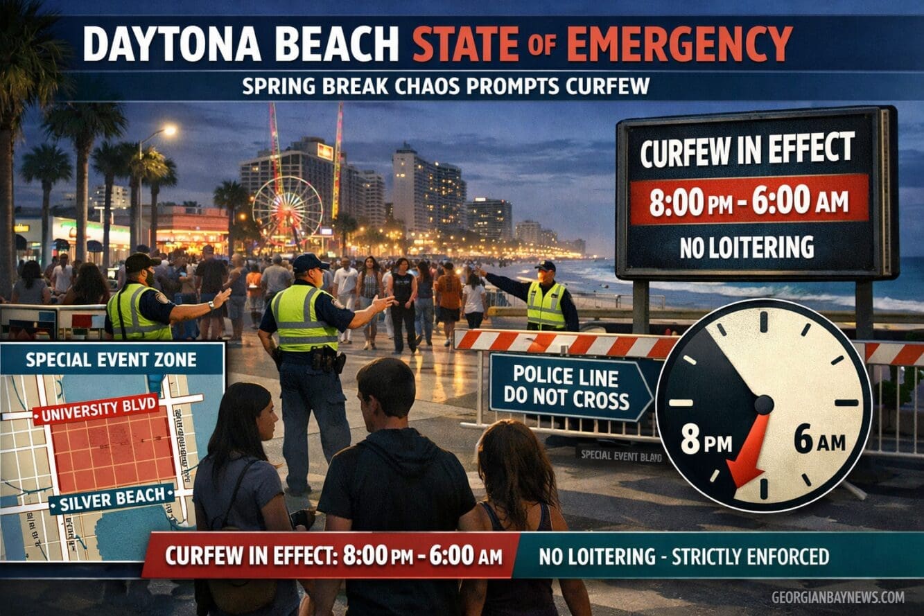 Professional editorial infographic-style scene focused on Daytona Beach is declaring a state of emergency due to spring