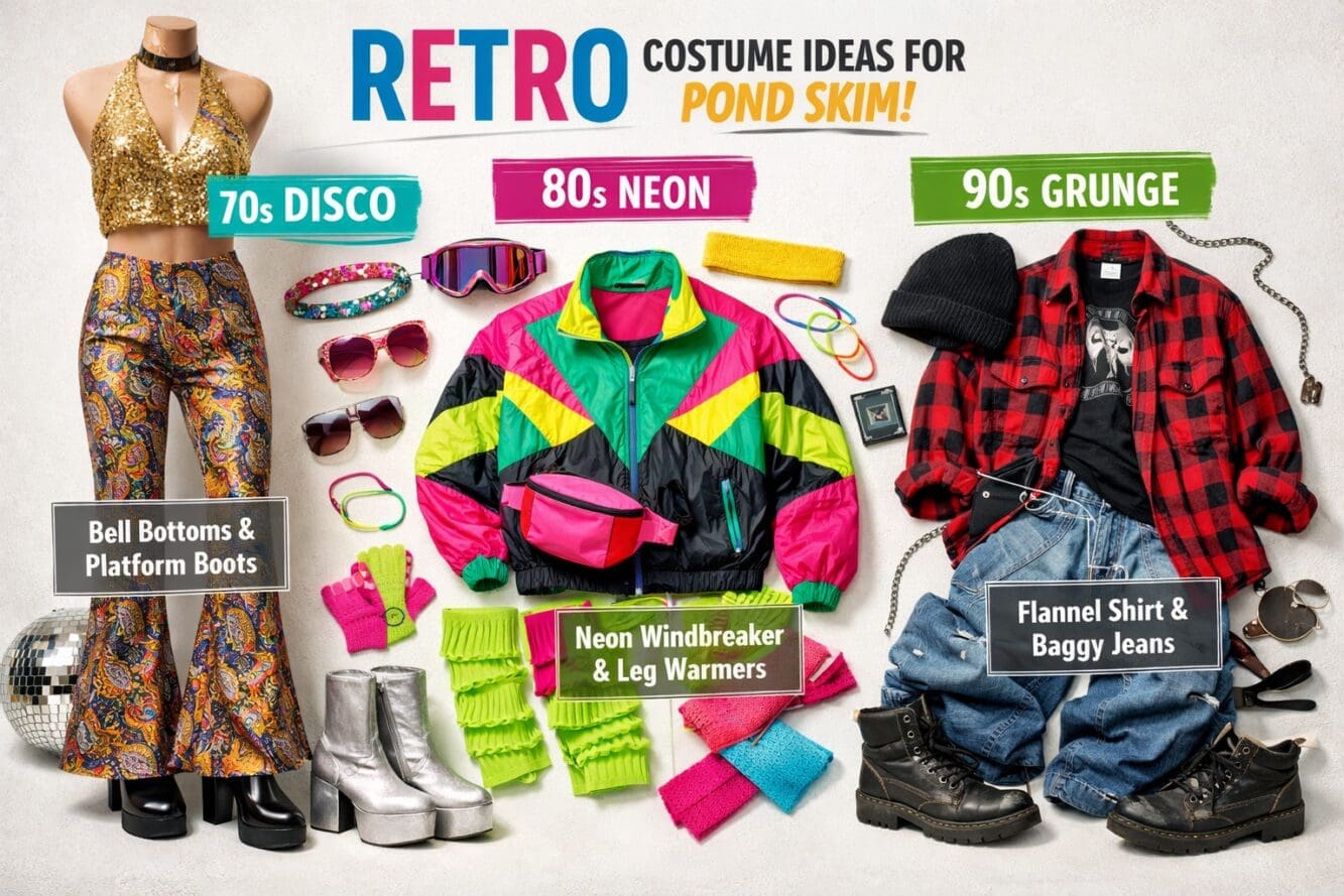 () editorial image showing vibrant collage of retro costume ideas for pond skim event: left side displays 1970s disco outfit