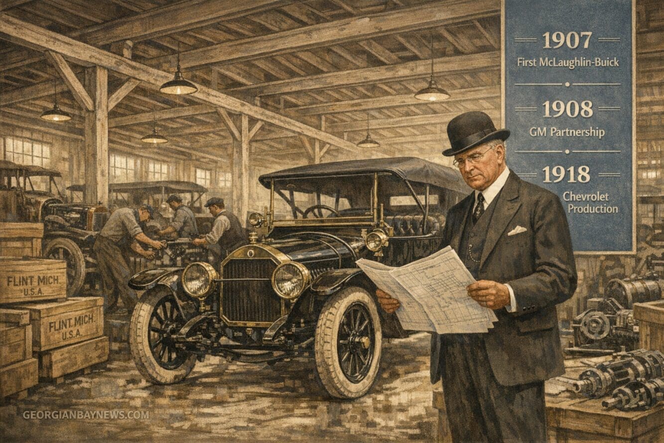 Professional editorial illustration focused on Colonel Robert Samuel McLaughlin as Canadian auto pioneer, inside an early