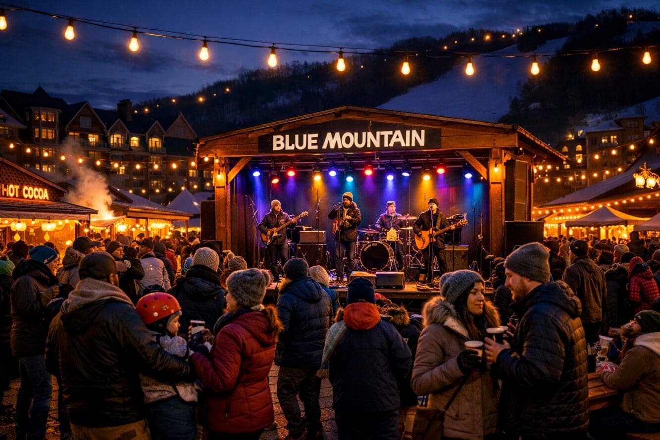 () image depicting evening village scene at Blue Mountain Resort base area after sunset, showing outdoor stage with live