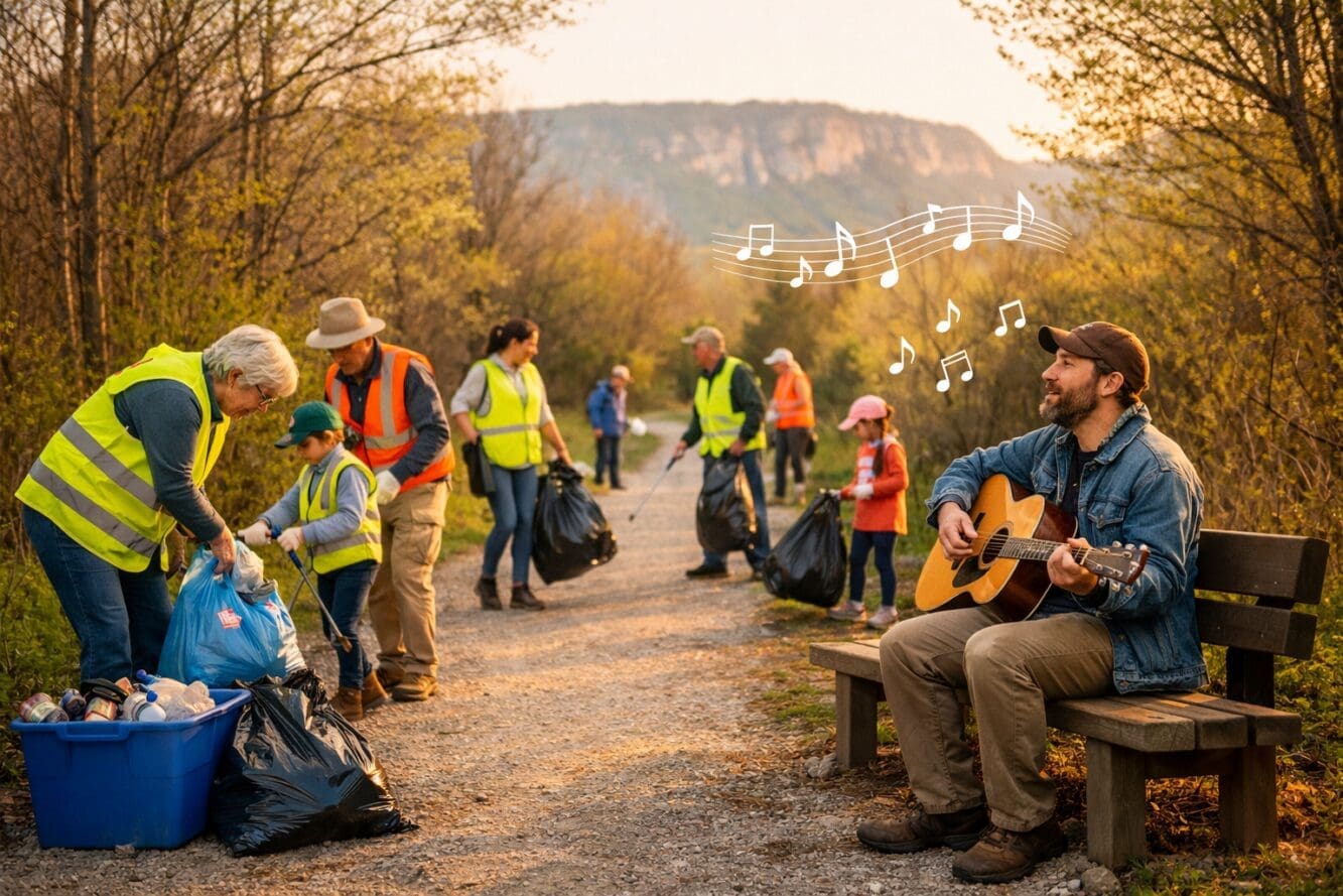 () image depicting outdoor trail scene with volunteers in bright safety vests picking up litter along a wooded Georgian
