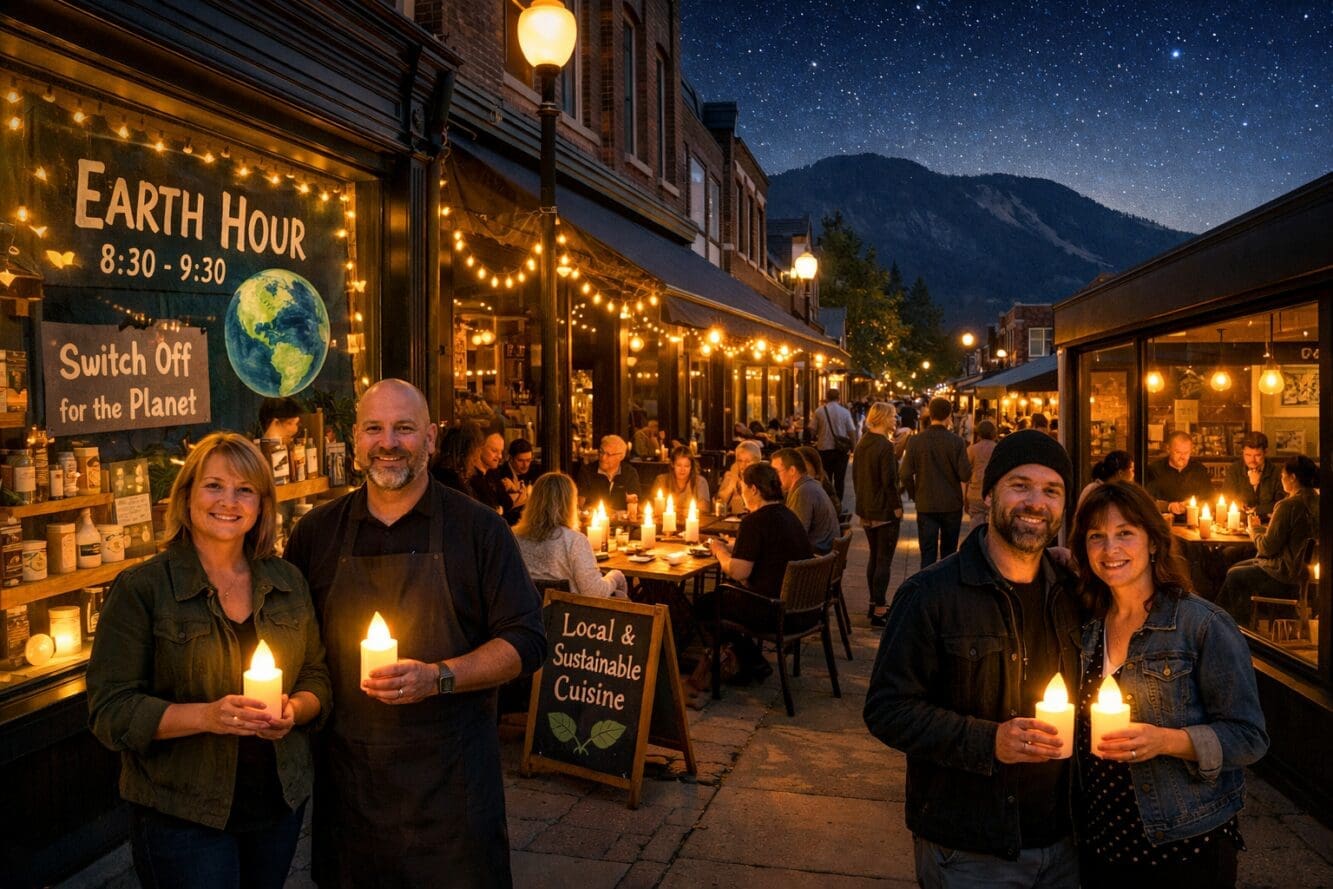 () image depicting local business participation in Earth Hour along Collingwood main street. Storefront windows display