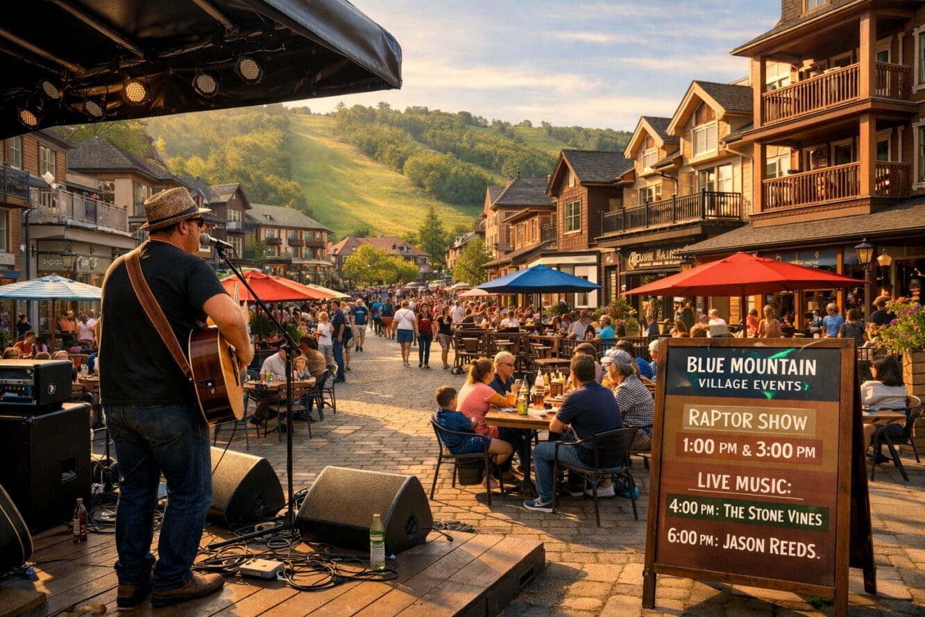 () editorial image depicting Blue Mountain Village pedestrian area with live music performance stage in foreground showing