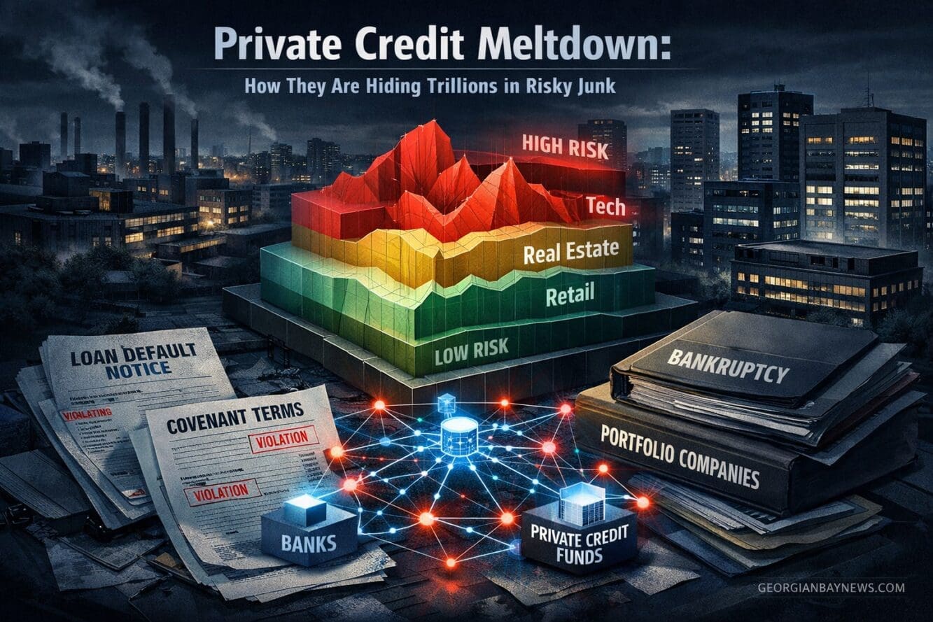 Include the text: GEORGIANBAYNEWS.COM, in each image in a discreet fashion. Professional () conceptual credit-risk
