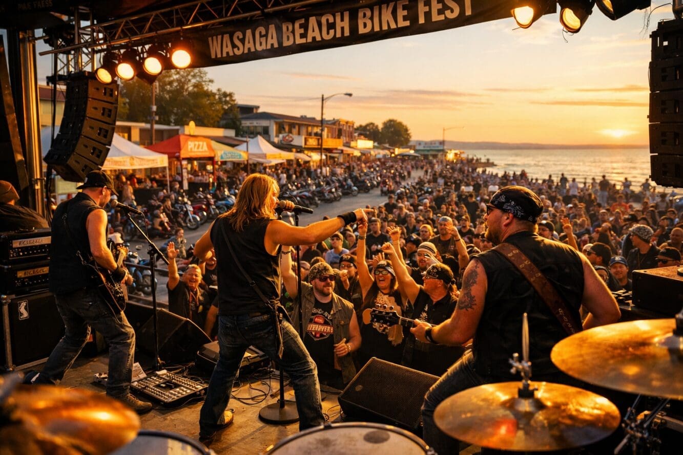 () editorial image depicting live music stage performance at Wasaga Beach Bike Fest with rock band performing for crowd of