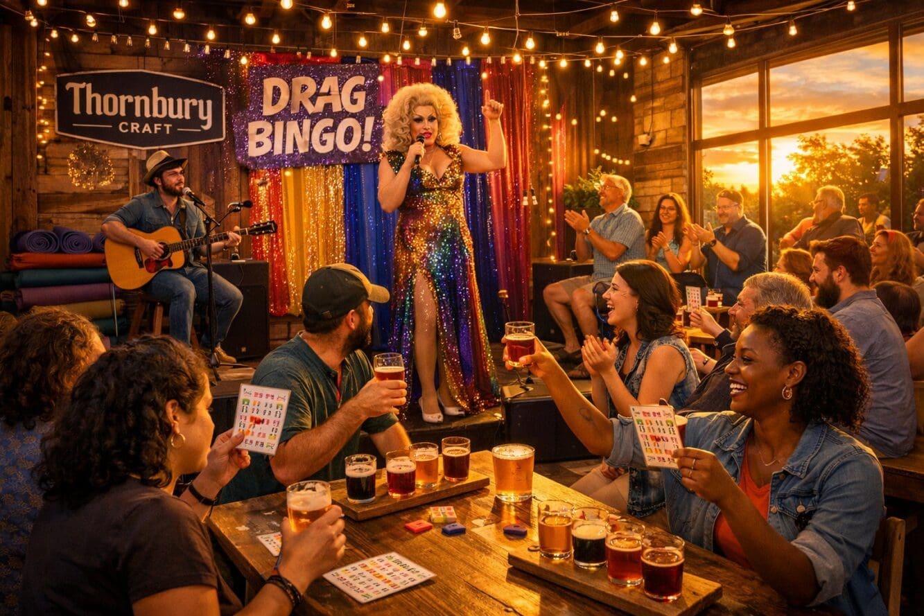 () vibrant editorial image of Thornbury Craft taproom evening event, diverse crowd enjoying drag bingo performance with