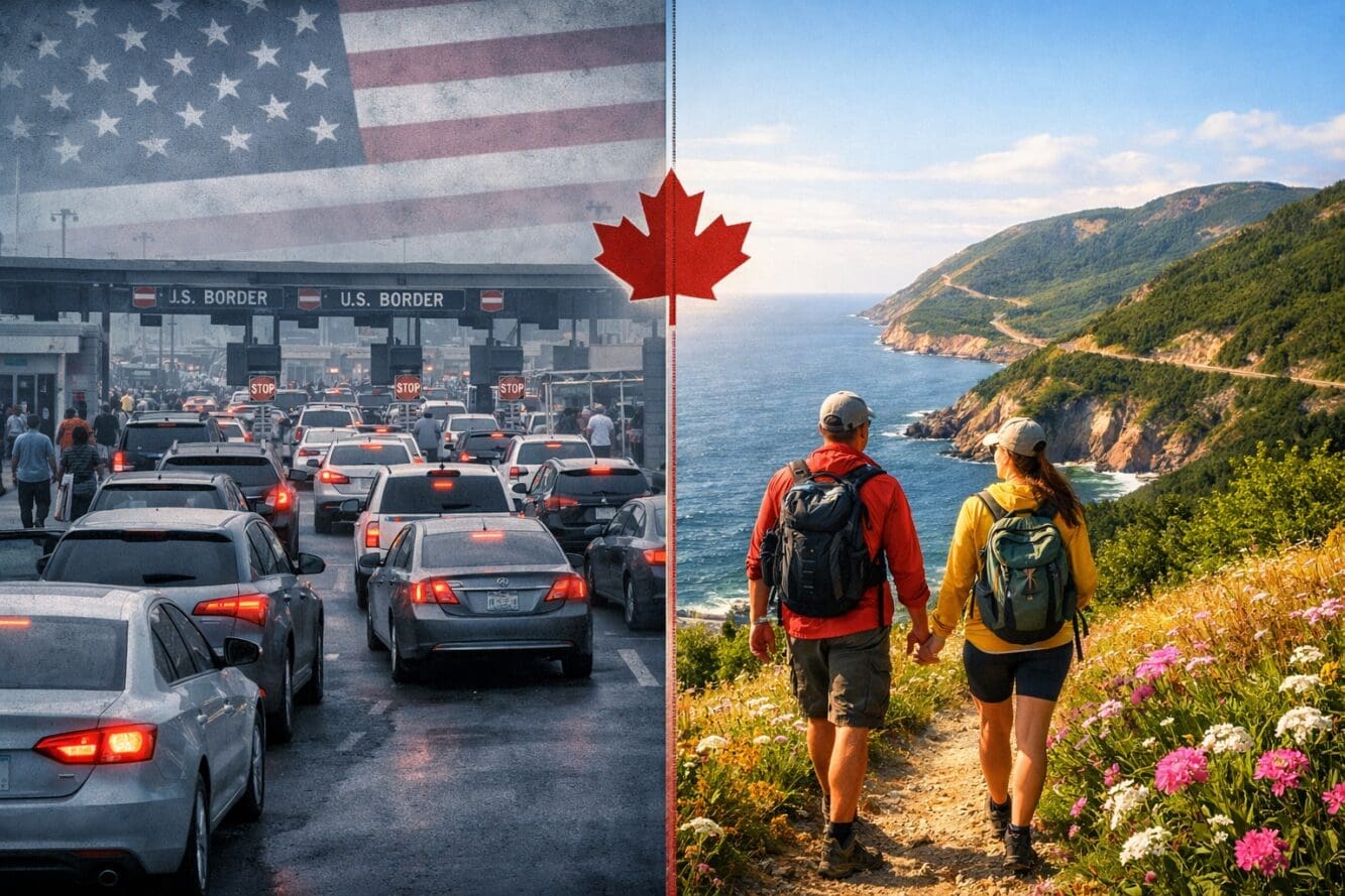 () dramatic split-screen composition. Left side shows a crowded US border crossing with long car lines and a faded American