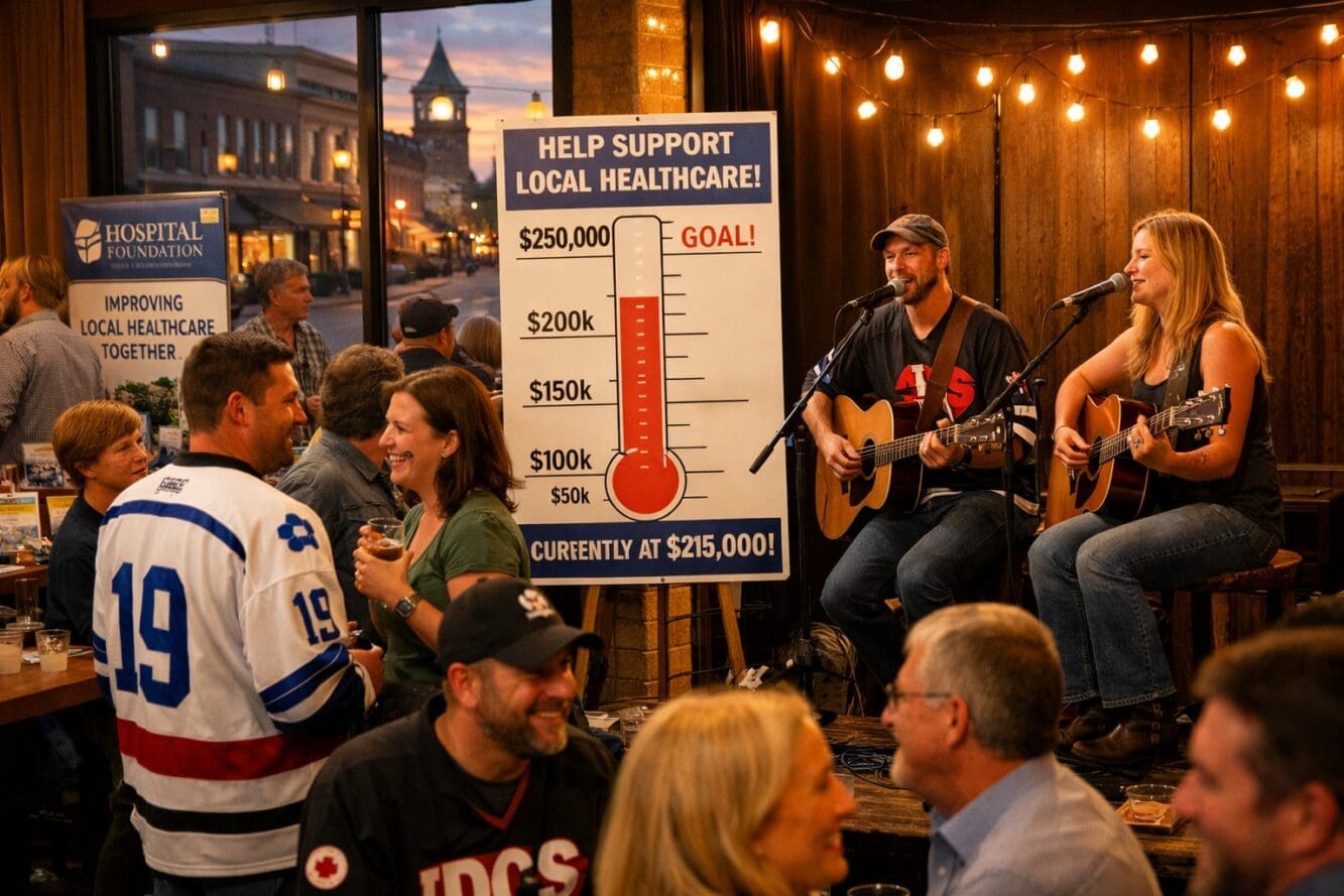 () vibrant image capturing post-game celebration and charity impact scene in Collingwood downtown venue. Foreground shows