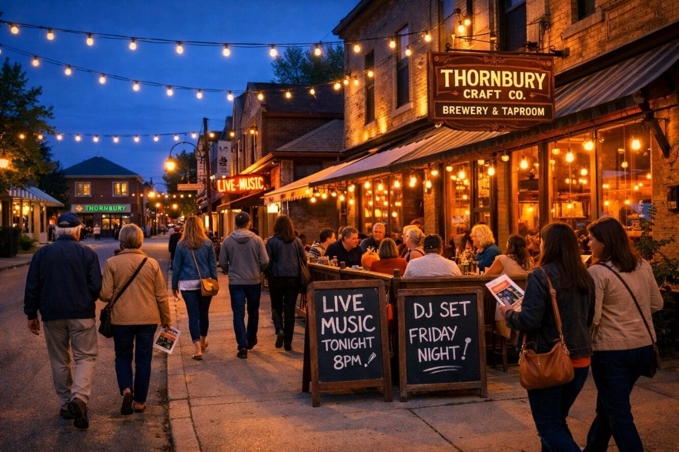 () editorial image showing vibrant evening scene in Thornbury village, exterior view of craft brewery with warm glowing