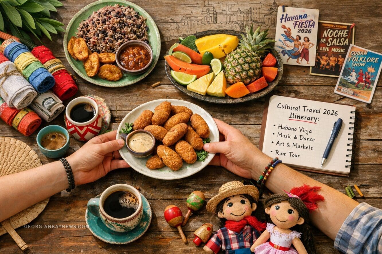 Professional editorial image illustrating Cuban Culture through food, crafts, and festivals. Overhead market-table