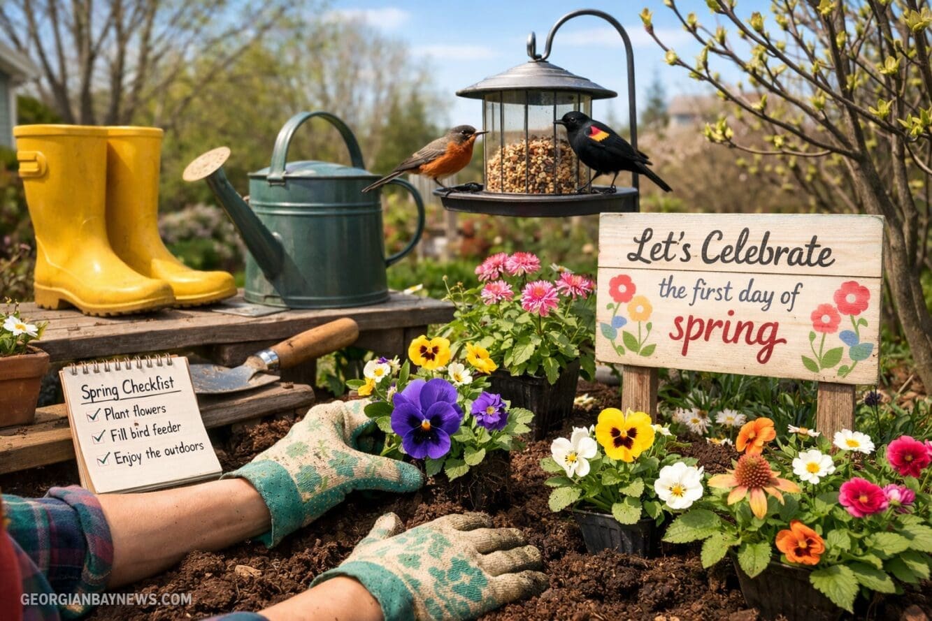() editorial lifestyle image for a section about celebrating spring in Canada with flowers, plants, and returning birds. Use