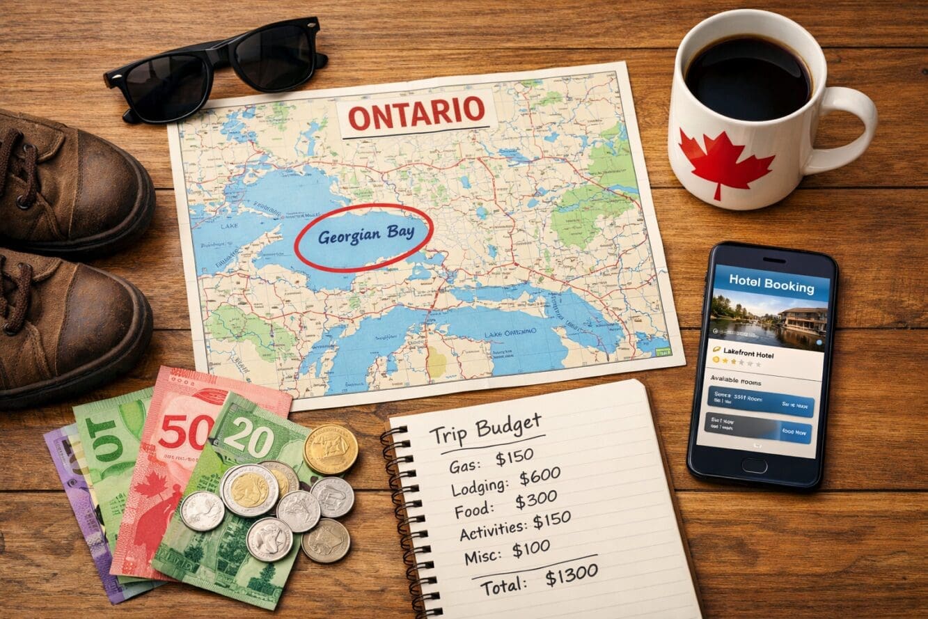 () overhead flat-lay style infographic photograph of a wooden table with Canadian travel planning items: a paper map of