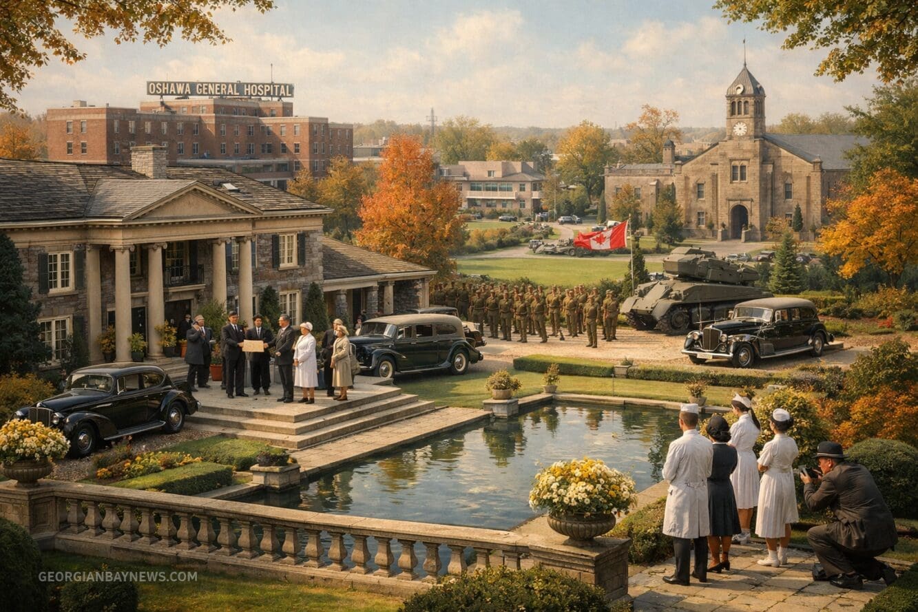 Professional editorial heritage image centered on Colonel Robert Samuel McLaughlin's philanthropy in Oshawa, showing