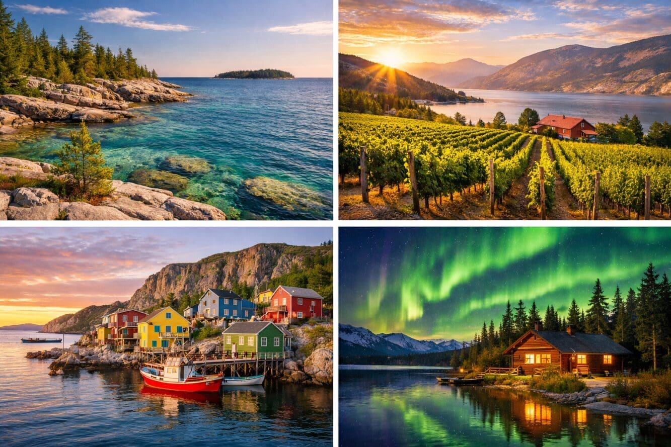 () wide scenic collage-style editorial image showcasing four distinct Canadian regional escapes: top-left shows Georgian Bay