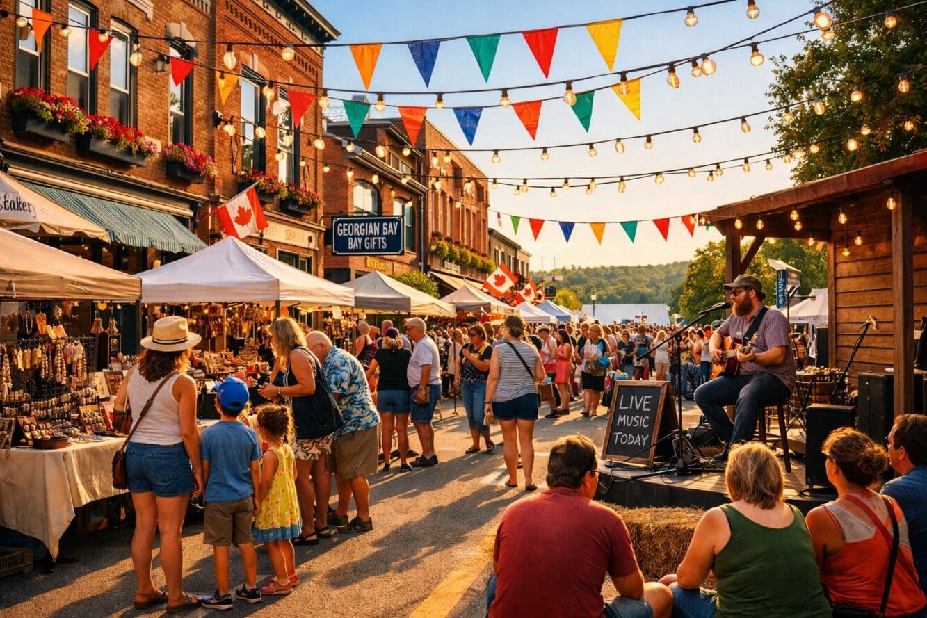 () vibrant editorial photograph of a bustling small-town Canadian main street during a summer festival, with colorful