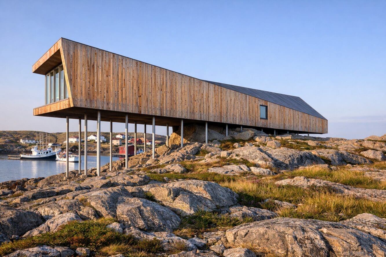 () editorial photograph showing the Long Studio on Fogo Island from a low angle, its angular modern timber structure