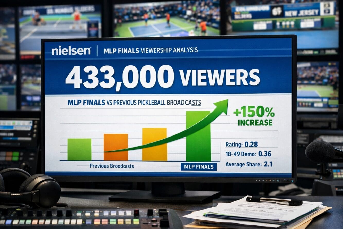 () editorial image showing detailed Nielsen ratings dashboard display on large modern monitor screen with prominent '433,000