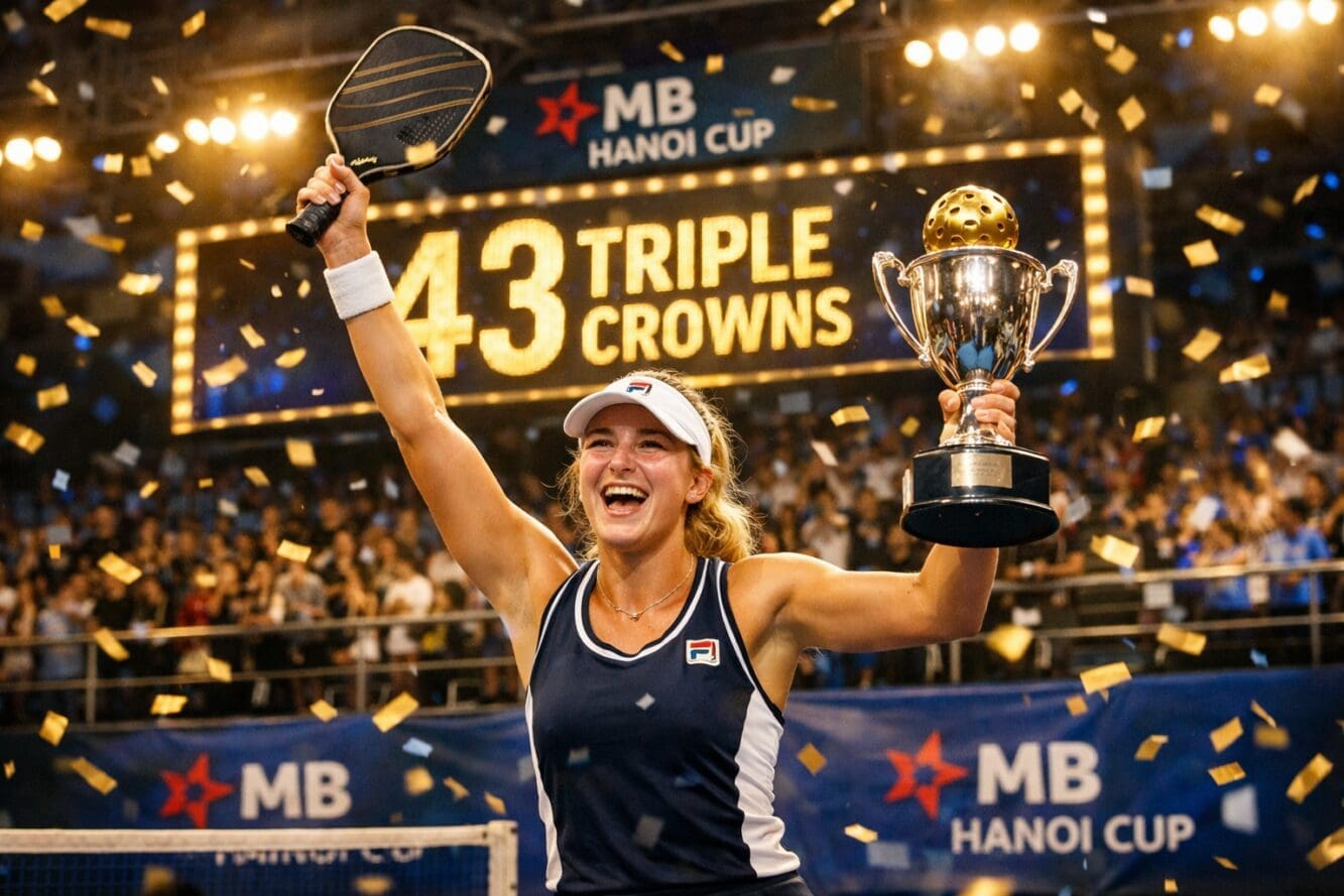 () image showing Anna Leigh Waters celebrating on pickleball court with trophy, wearing professional athletic gear,