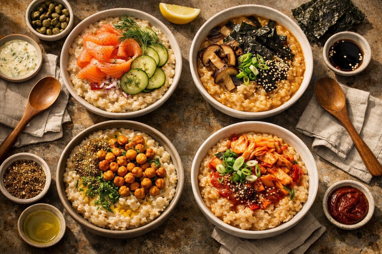 () editorial food photography showing a dramatic overhead bird's-eye view of four savory oatmeal bowls arranged in a 2x2