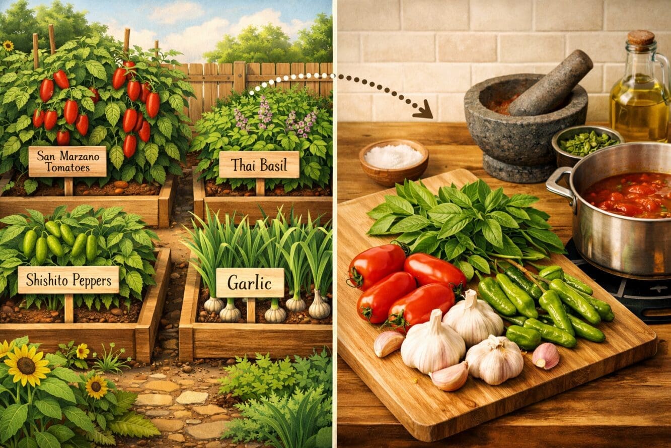 Detailed () editorial illustration showing a split-scene concept: on the left, a home vegetable garden with labeled raised