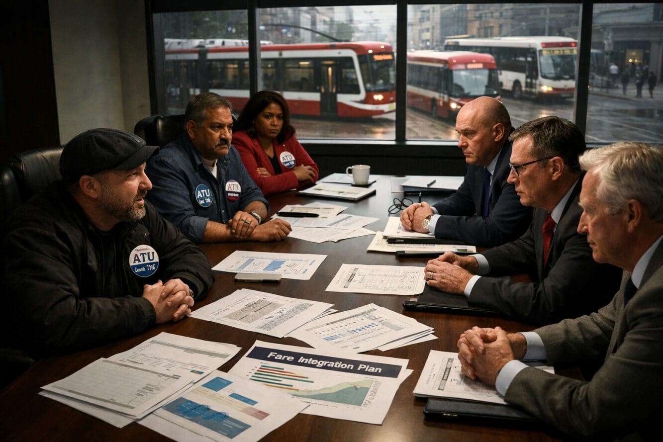 () editorial image showing tense negotiation scene in modern boardroom with union representatives on one side of table