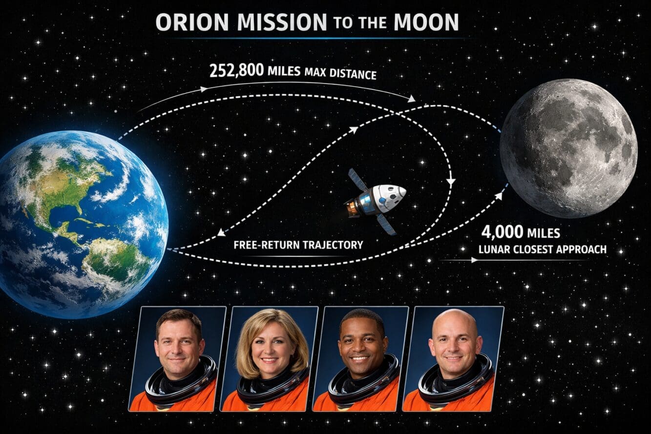 Detailed () illustration showing the Orion spacecraft trajectory from Earth to the Moon in a sweeping arc against the black