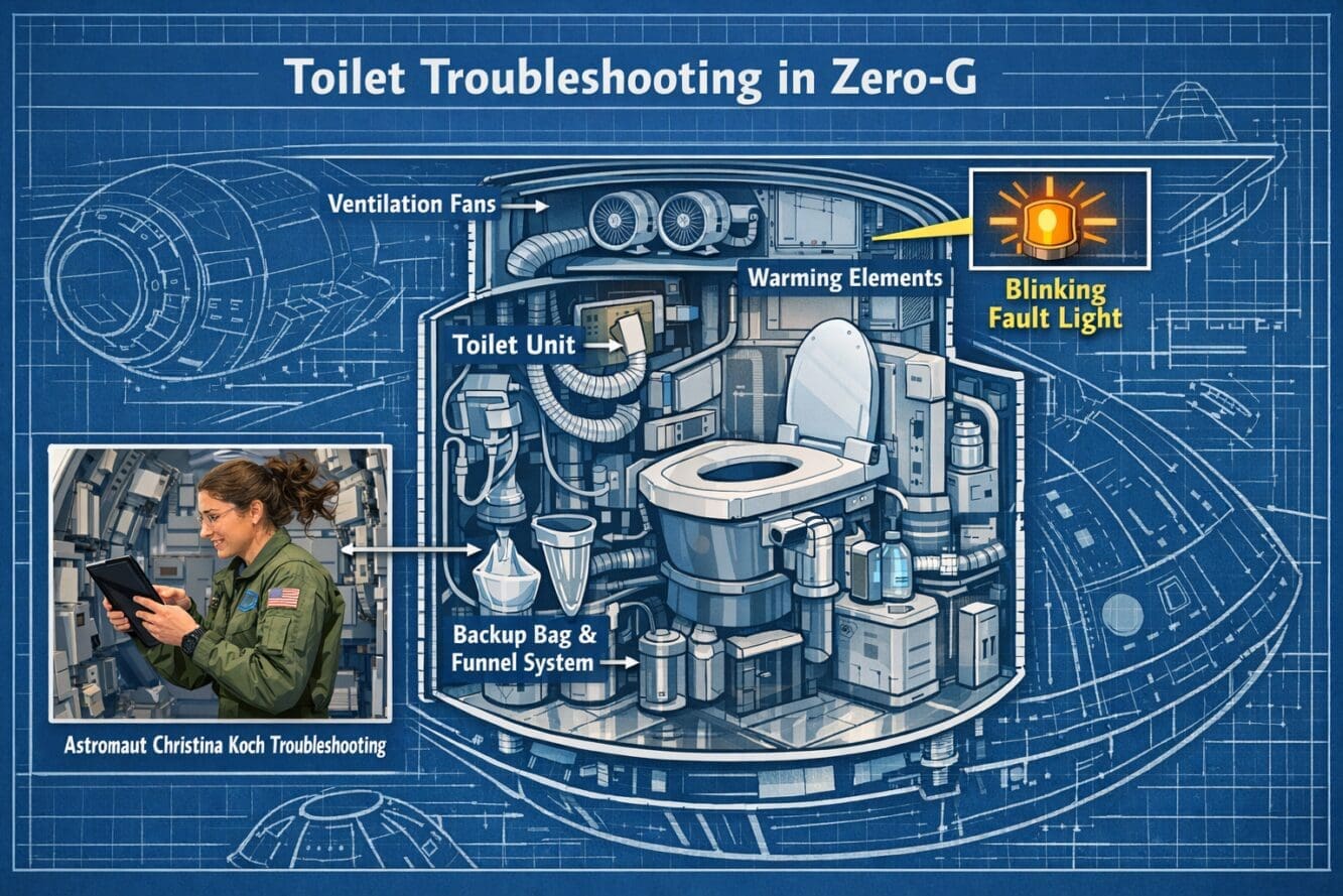 Detailed () illustration showing a cutaway technical diagram of the Orion spacecraft waste management system with labeled