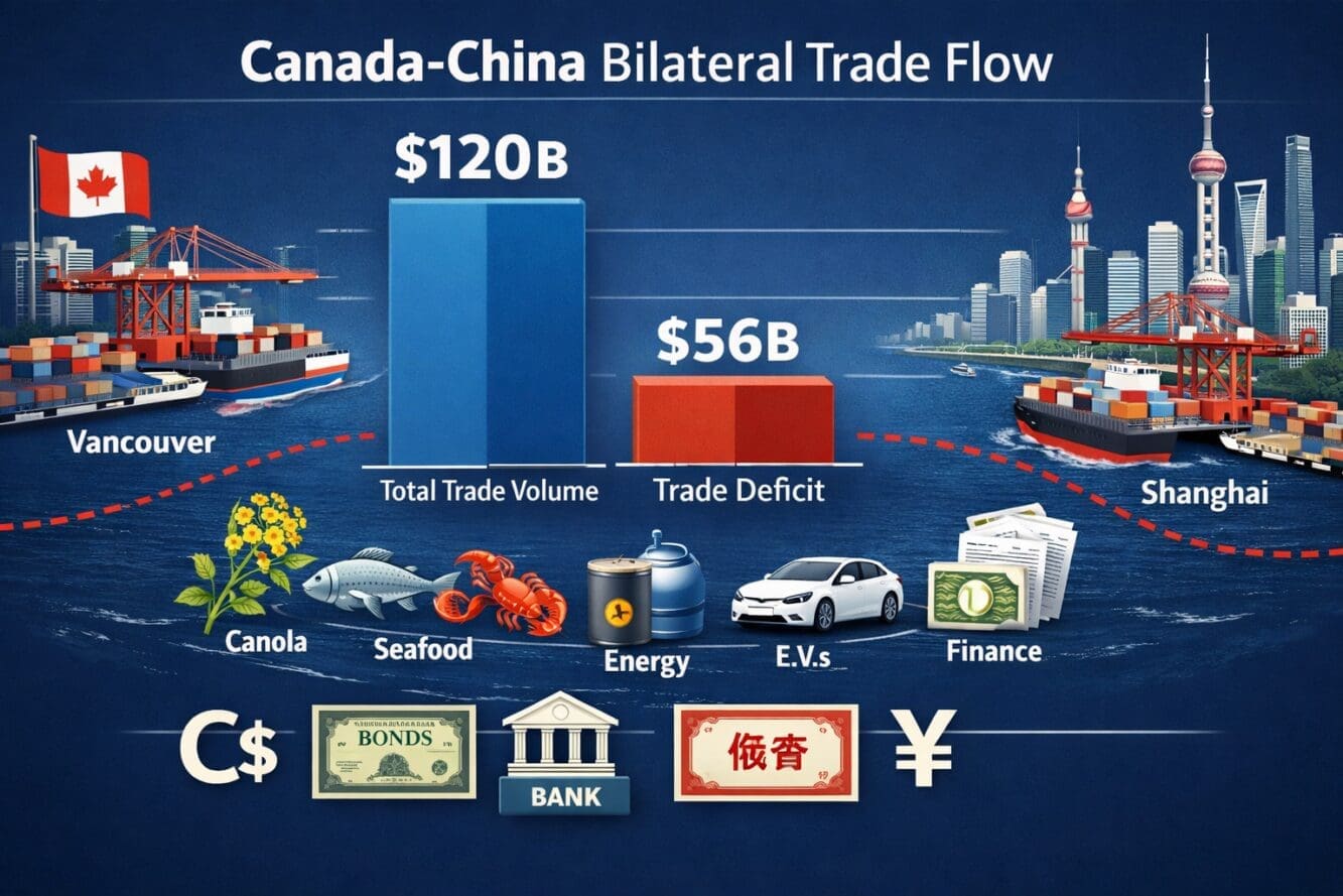 () editorial illustration showing a detailed infographic-style composition of Canada-China bilateral trade flow. Visual