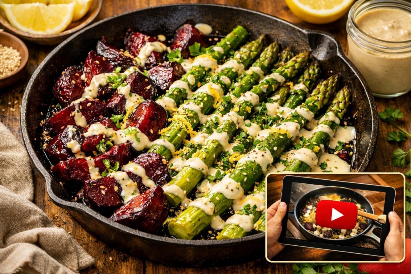 () editorial food photography showing a rustic wooden table with a one-pan arrangement of caramelized roasted beets in deep