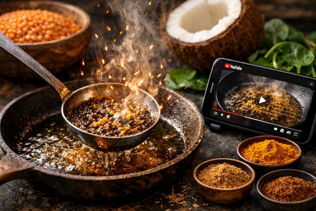 Detailed () editorial image showing a close-up action shot of a traditional Indian tadka tempering process: a small steel