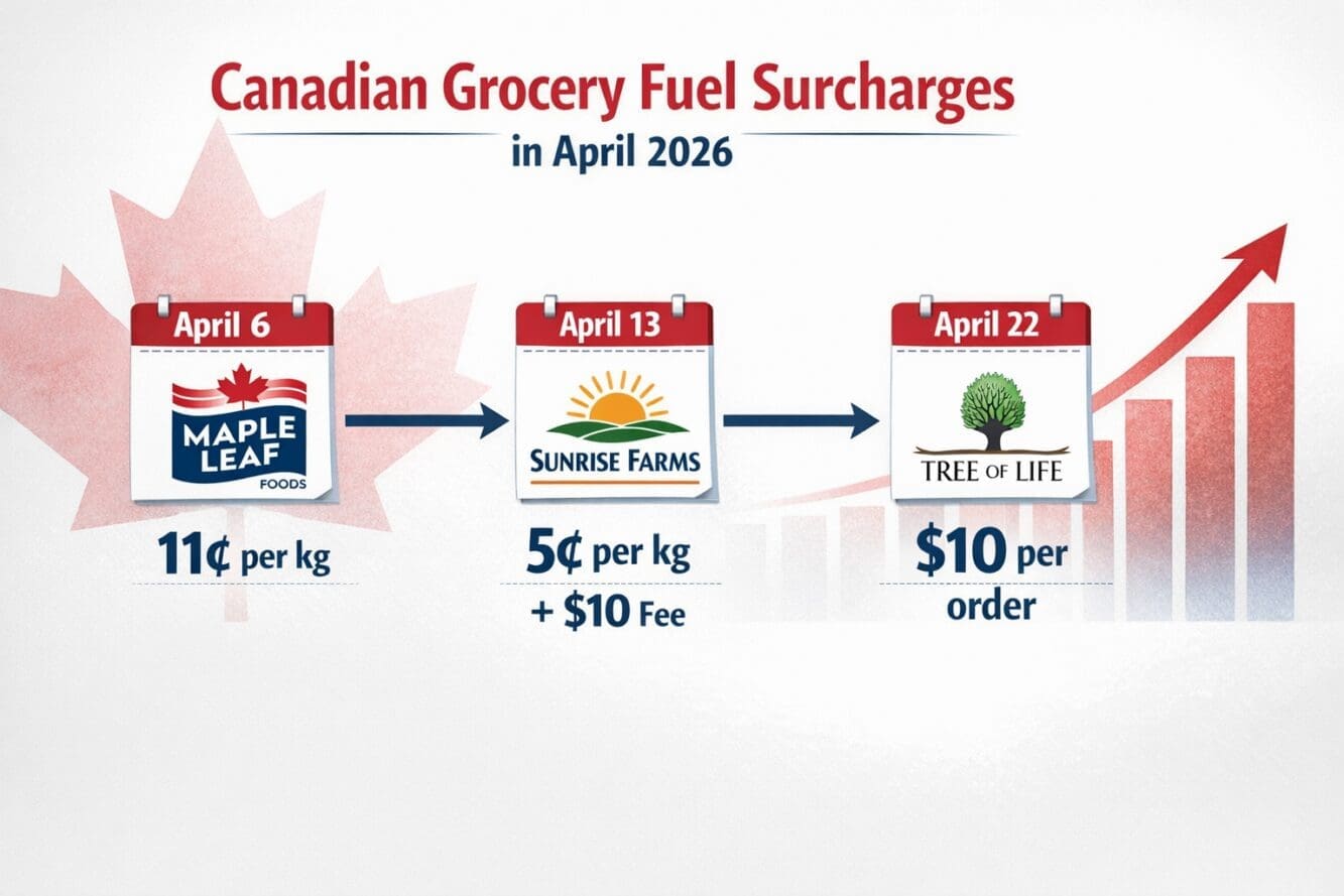 Detailed () infographic-style image showing a timeline flowchart of Canadian grocery fuel surcharges in April 2026. Visual
