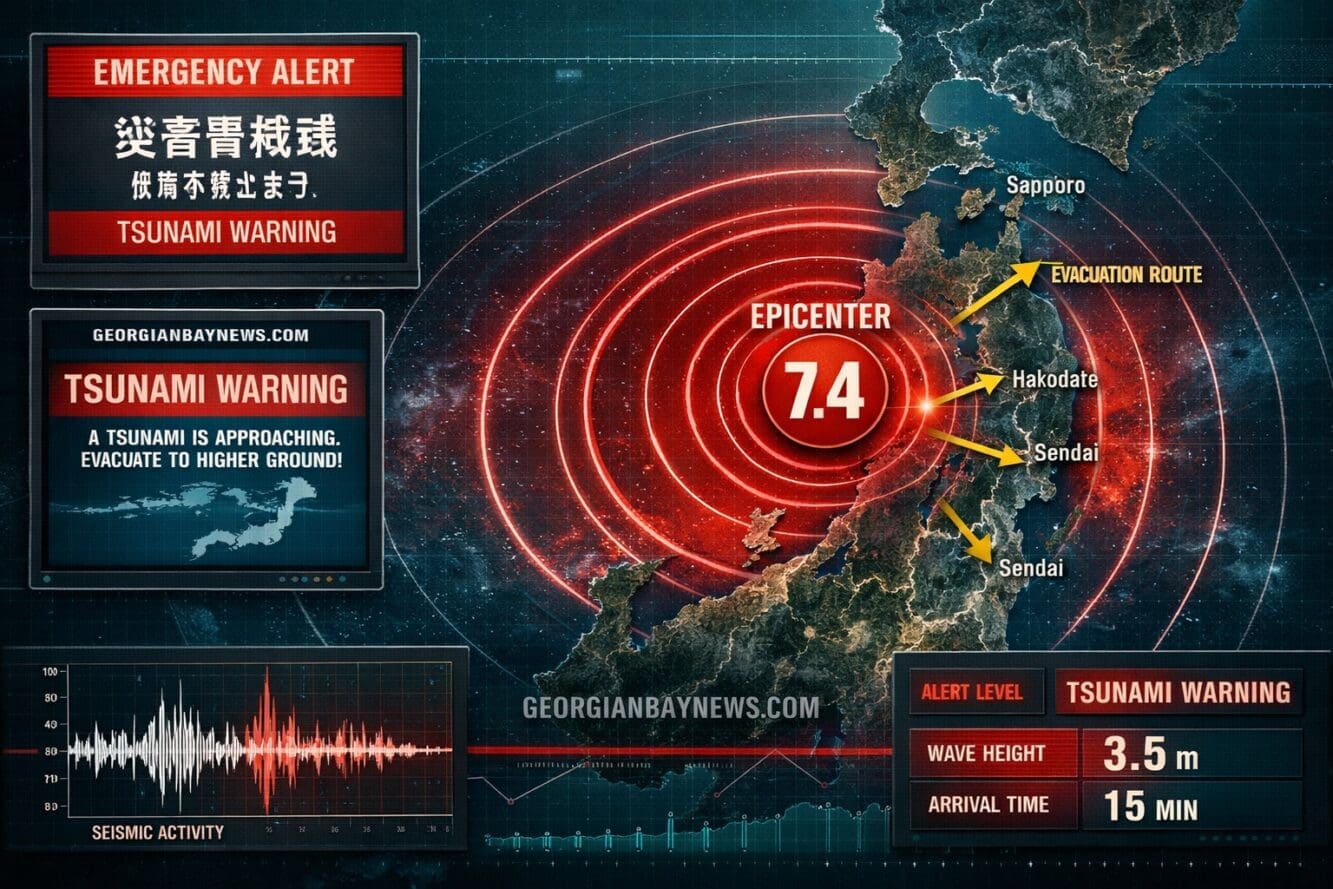 Wide-angle () dramatic split-scene infographic showing seismic activity map of northern Japan coastline with 7.4 magnitude