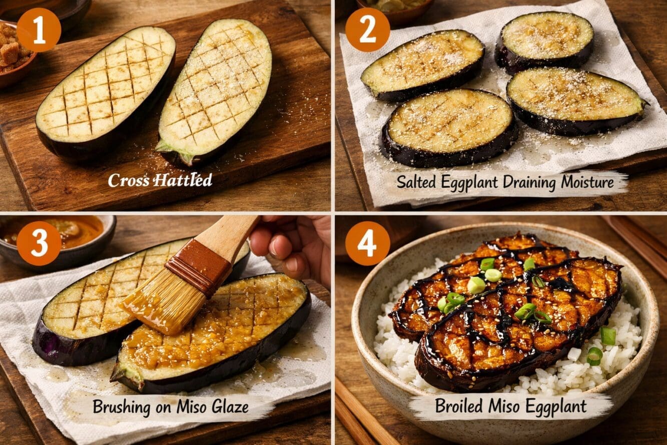 Detailed () step-by-step cooking technique infographic showing four panels: 1) cross-hatch scored raw eggplant halves on