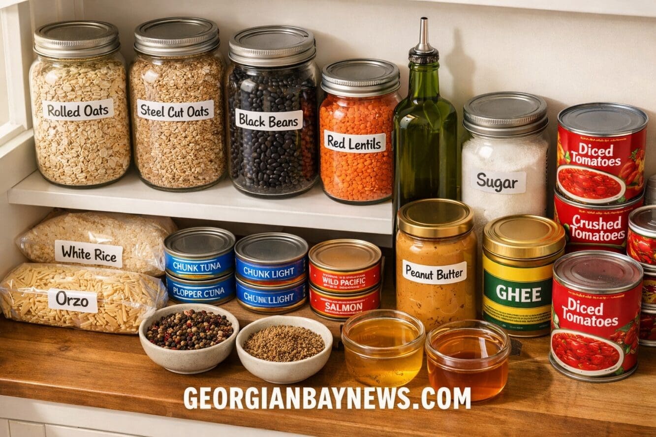 () editorial infographic-style image showing a neatly organized Canadian grocery pantry shelf from a slightly elevated