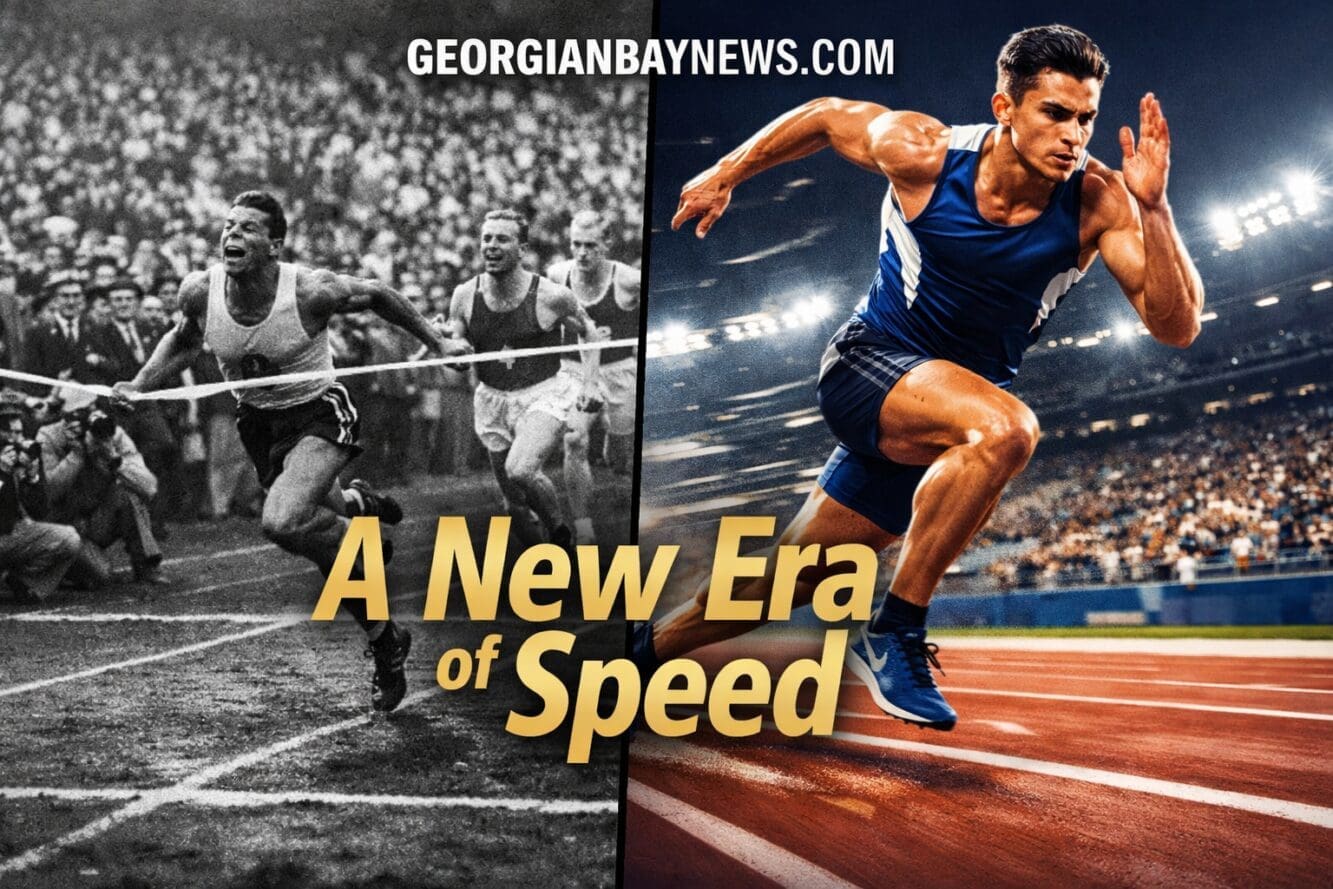 Dramatic split-screen () editorial illustration: left side shows a historical black-and-white styled image of a world record