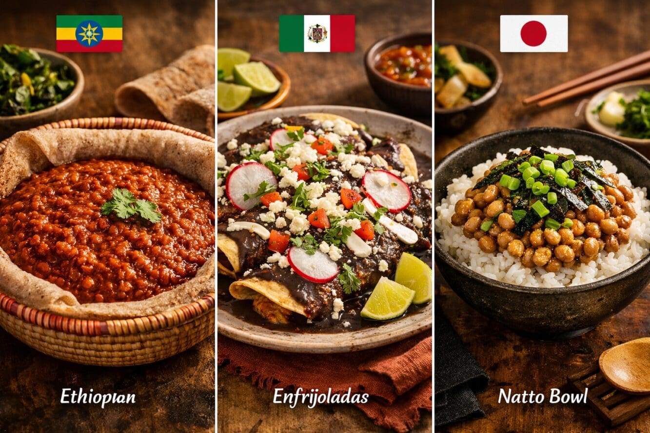 () editorial food photography showing a dramatic side-by-side triptych of three international plant-based protein dishes: a