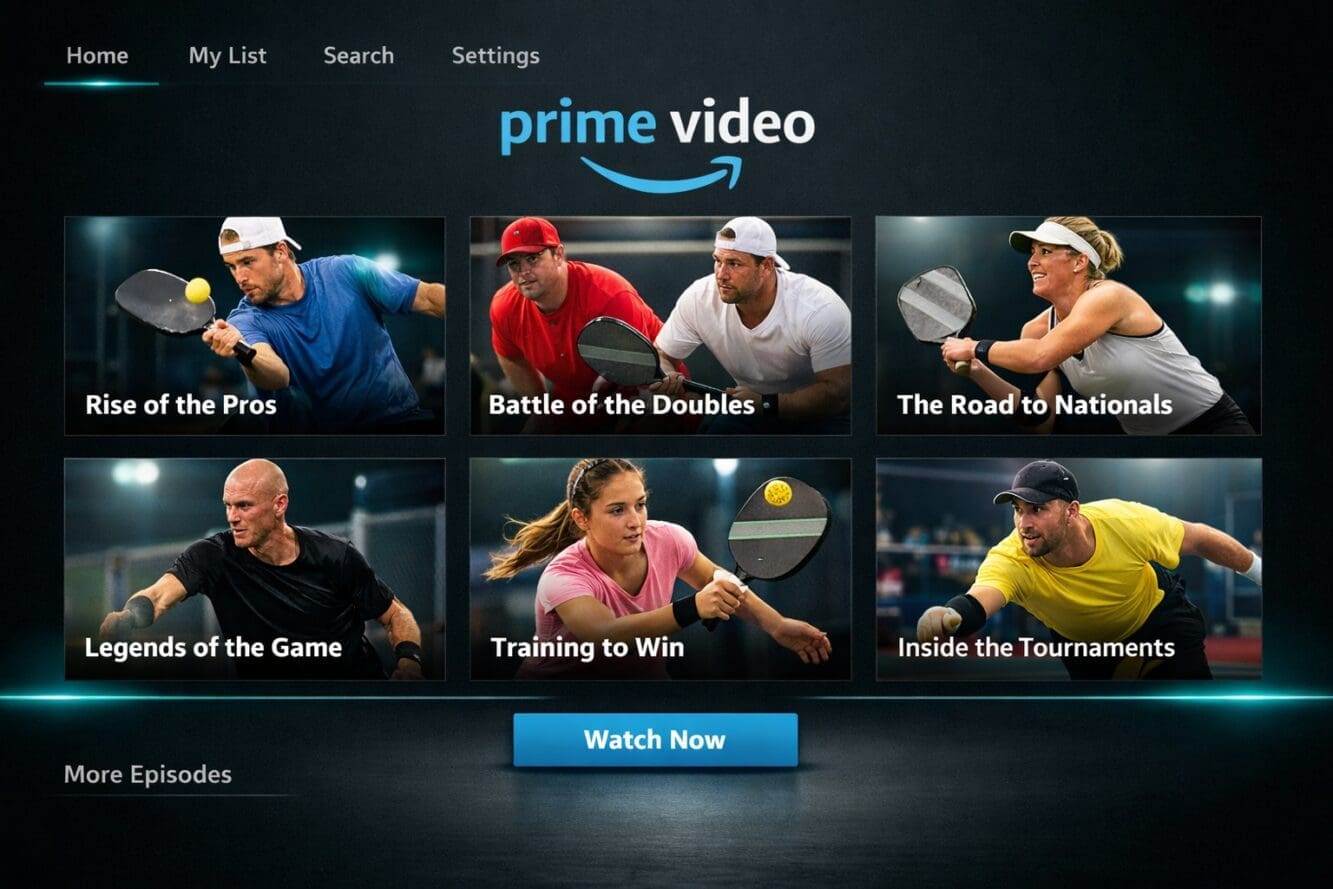 () editorial image showing streaming platform interface mockup displaying six episode thumbnails arranged in grid layout,