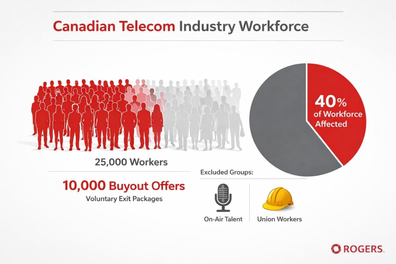 Detailed () infographic-style image showing a Canadian telecom industry workforce visualization with silhouettes of 25,000