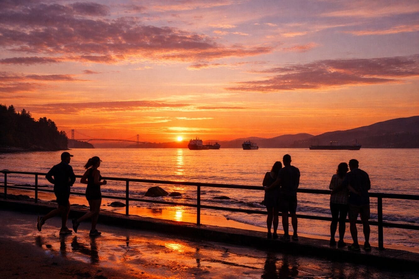 Detailed () wide-angle sunset scene from Third Beach in Stanley Park looking west over English Bay. Warm orange and pink sky