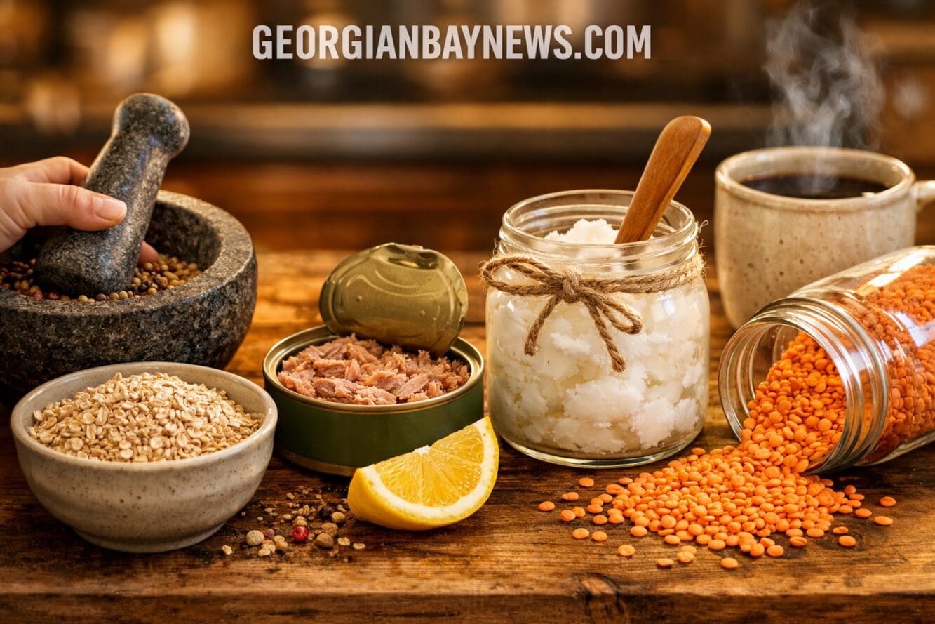 () close-up editorial photo of a Canadian kitchen counter with a mortar and pestle grinding whole spices beside a small bowl
