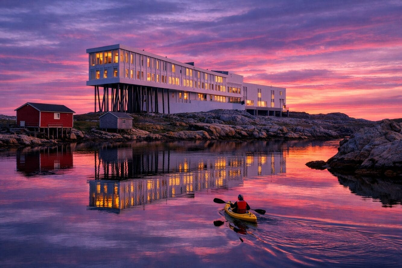 () wide-angle editorial photograph of Fogo Island Inn at dusk, its long modern white geometric structure elevated on angular