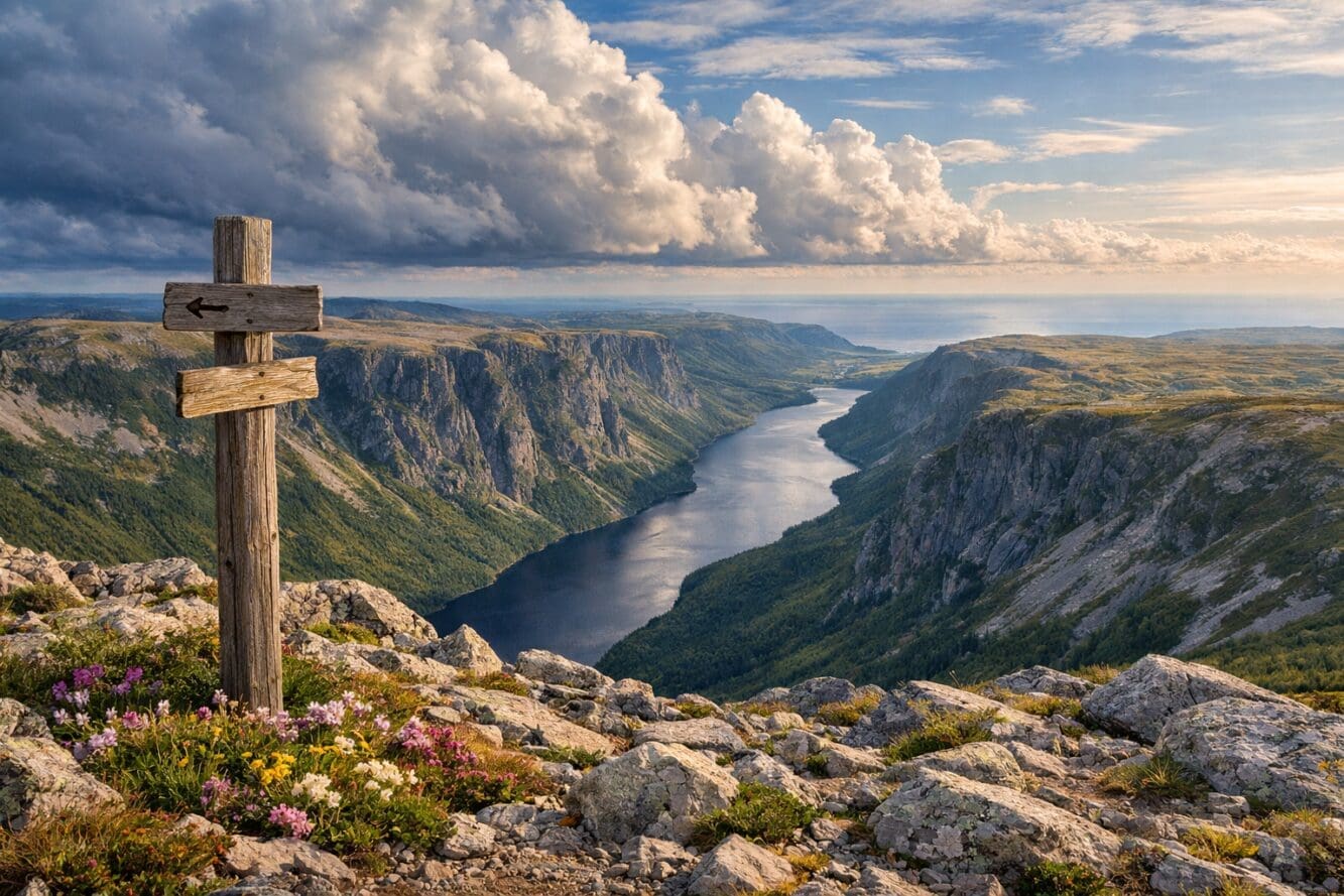 Detailed () showing a panoramic summit view from Gros Morne Mountain looking down over the Ten Mile Pond glacial valley and