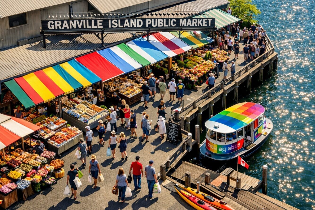 Detailed () overhead birds-eye view of Granville Island Public Market entrance with colorful awnings, bustling crowds