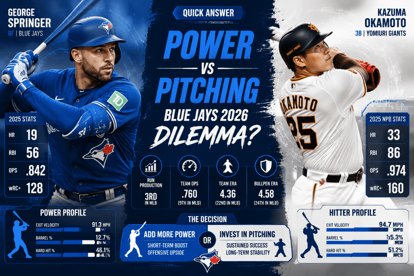 A dynamic split-screen editorial infographic capturing the 'Quick Answer' section, left side showing George Springer in Blue