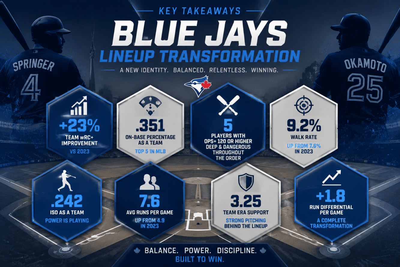 A modern key takeaways graphic with baseball diamond as background, 6-8 hexagonal icons representing critical insights about