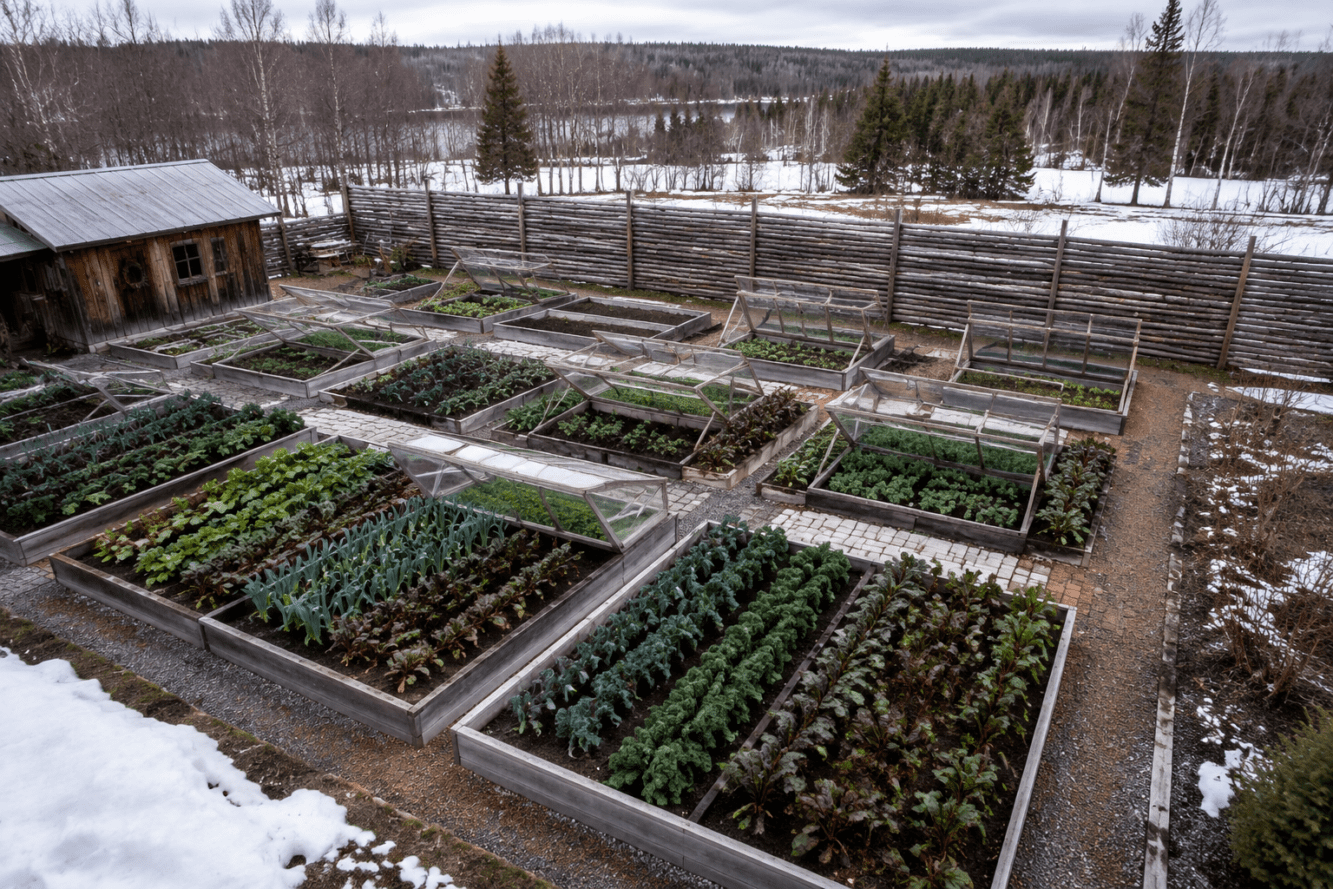 Aerial bird's-eye view () of a modular Baltic-inspired homestead vegetable garden layout in Canada, showing geometric raised