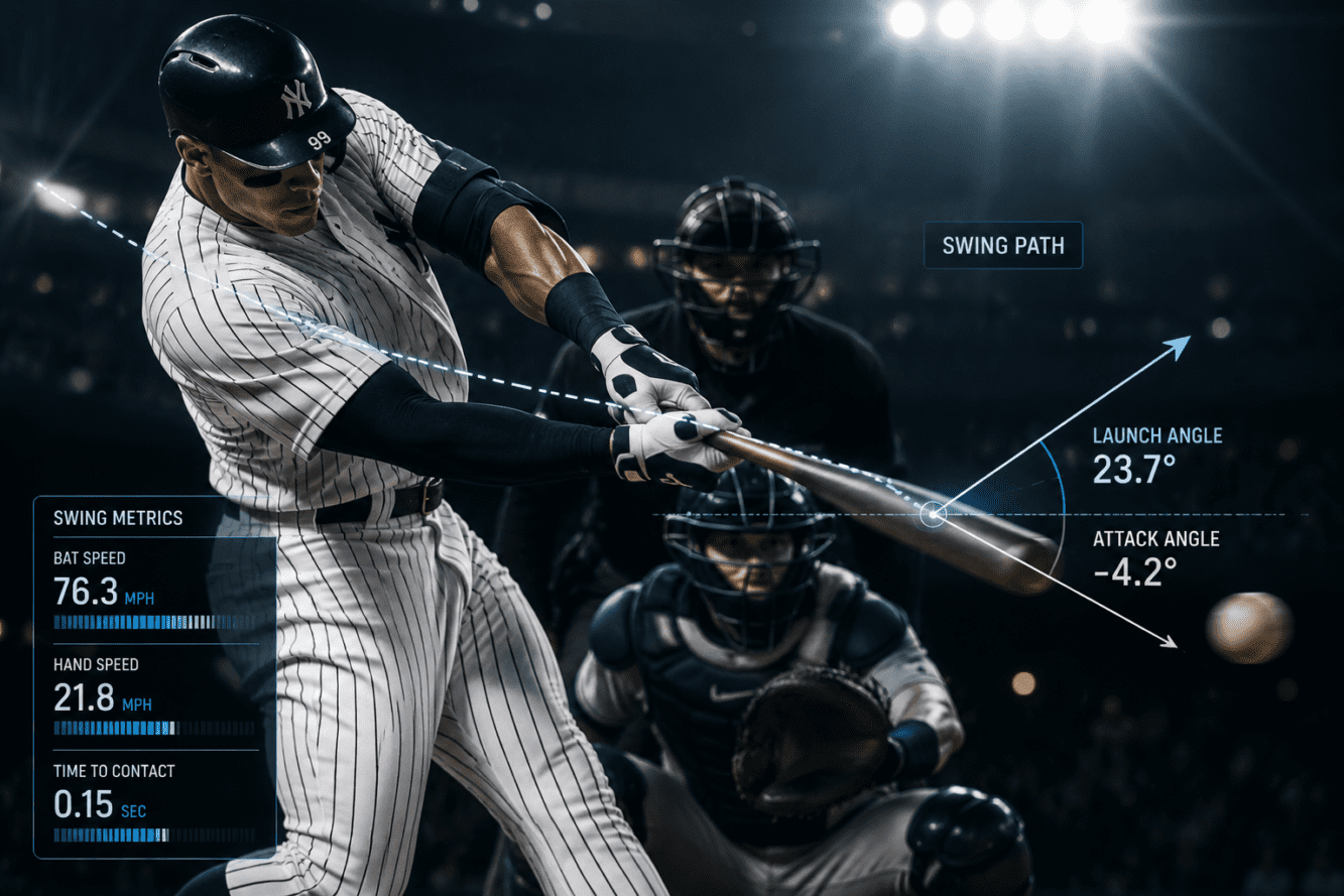 Close-up dramatic side-angle photograph of a professional baseball player mid-swing at home plate, slow-motion style blur on