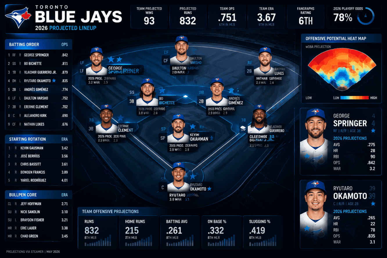 Comprehensive lineup visualization showing 2026 Blue Jays roster positioning, digital baseball field blueprint with player